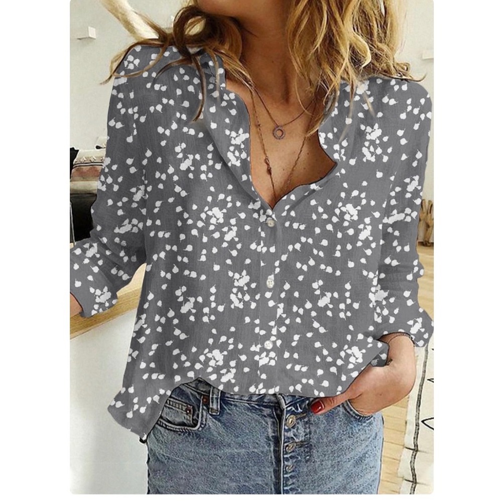 Dokotoo Grey White Abstract Floral Print Button Down Blouse Long Sleeve Top